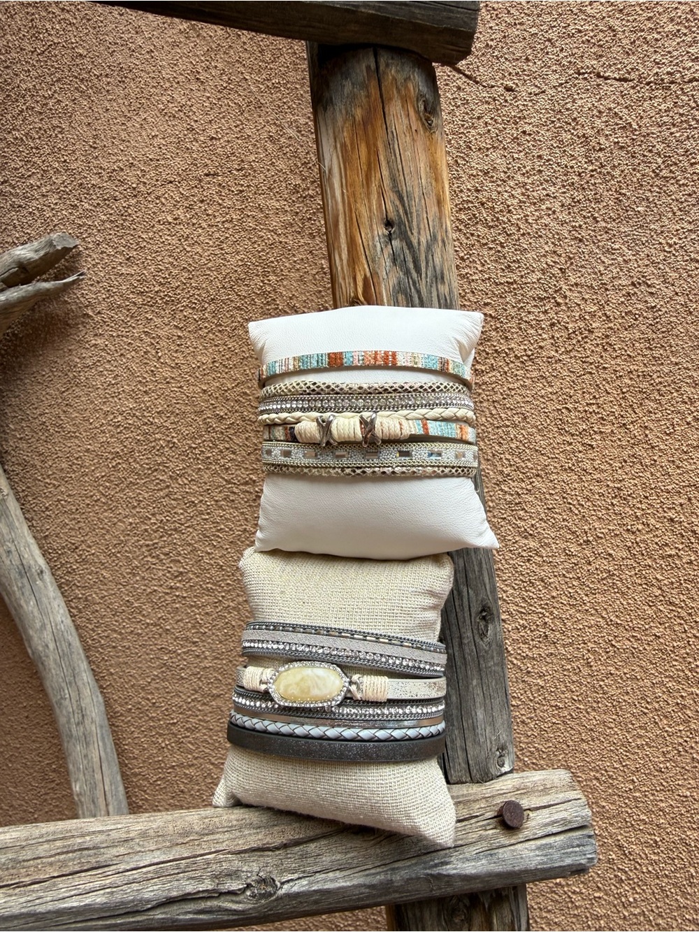 Layered Neutral Multi-Texture Bracelet Set - Beige & Gray